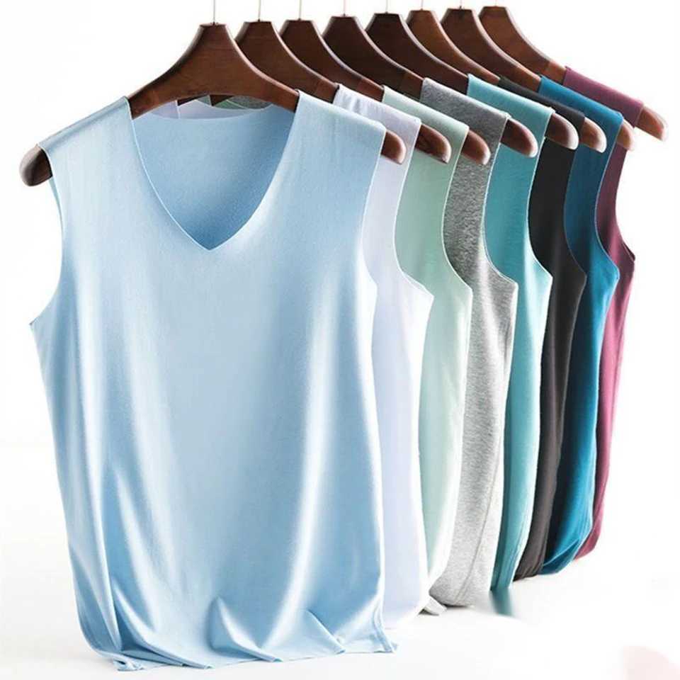 Basic mens ice silk sleeveless tank vest solid color V-neck underwear muscle vest mens T-shirtW240718