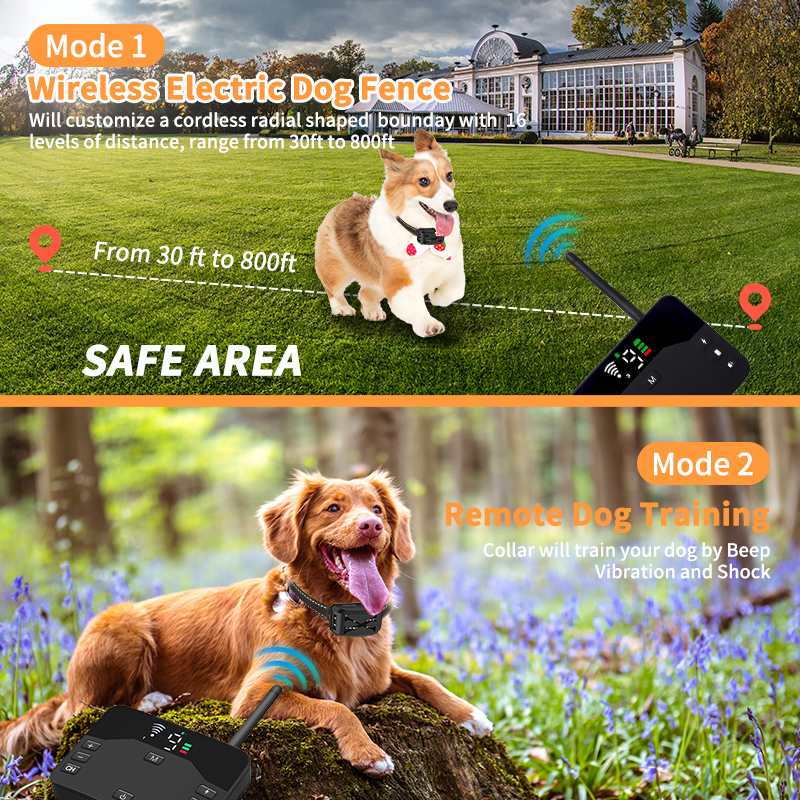 2 IN 1 Wireless Dog Electric Fence & Electric Shocker Training Collar Remote With Adjustable Beep Vibration Shock Rechargeable