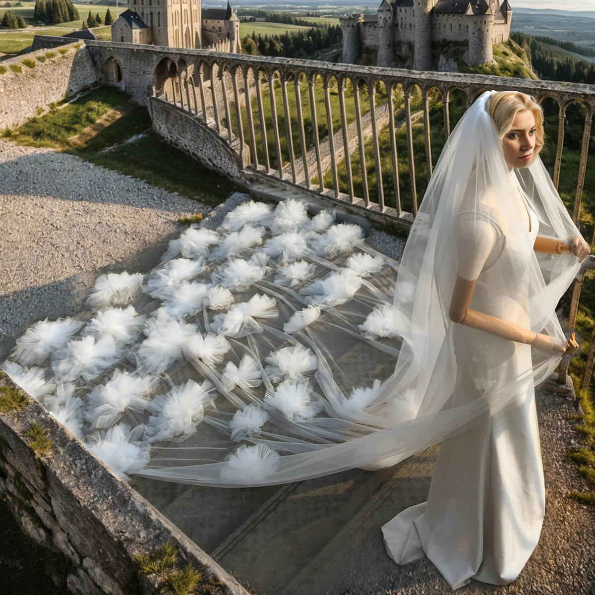 Luxury Wedding Veil Flowers Tulle One Layer Long Cathedral Length Veils Applique Edge Velo De Cabeza For Bride Voile Custom Made