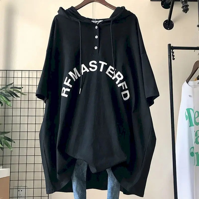 Oversized womens hoodie medium length short sleeved Tshirt summer Korean style loose casual 240827