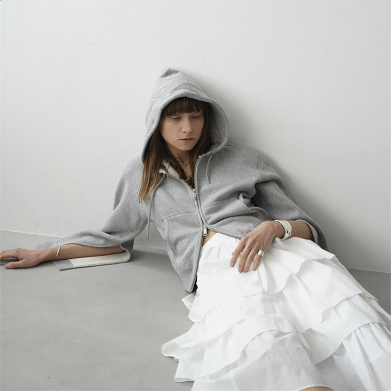 Autumn and winter checkered cuffs double zipper looped hooded sweater for womens casual fashion sports 240827