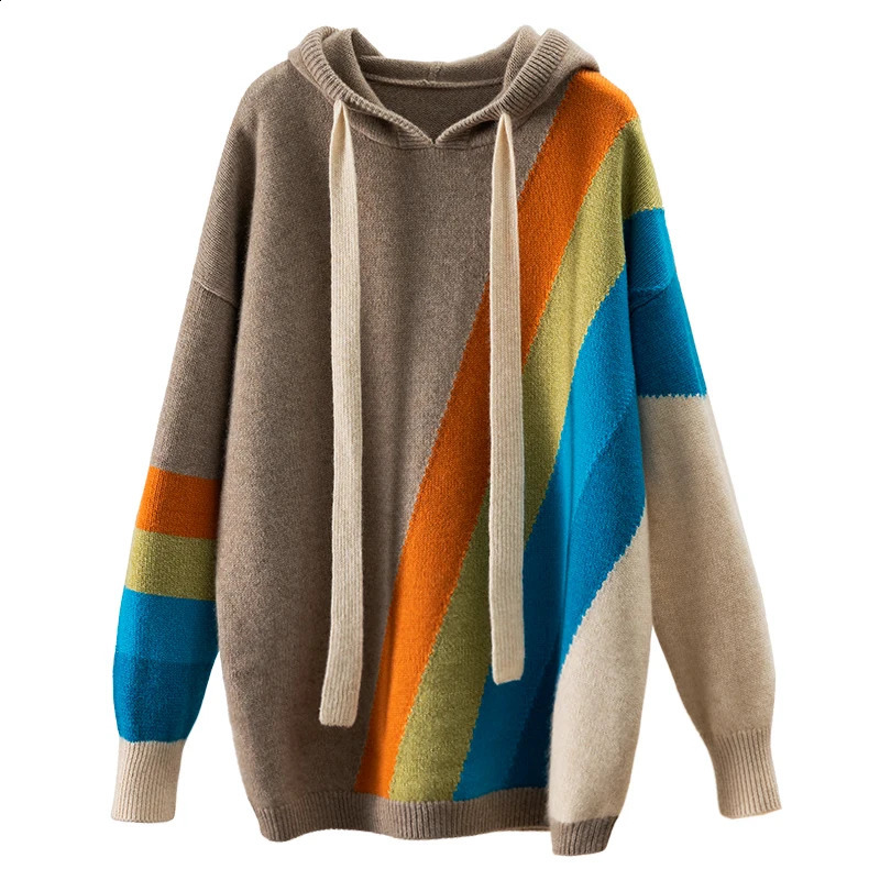 AutumnWinter Rainbow Inlaid Loose Thick Hoodie 100% Pure Cashmere Sweater Womens Long Sleeve 240827