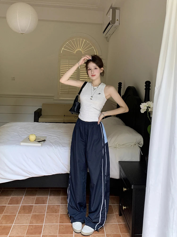QWEEK Korean Fashion Track Pants Womens Y2K Retro Patch Work Wide Leg Sports Oversized Quick Drying Kpop Street Jogging Trousers 240827