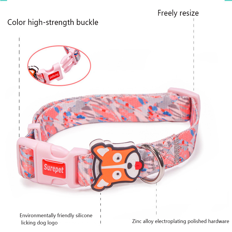 Nylon Pet Collar Adjustable Dog Collar with Cute Mouth-Lick Logo and Colorful High Strength Buckle for Small Medium Dogs & Cats