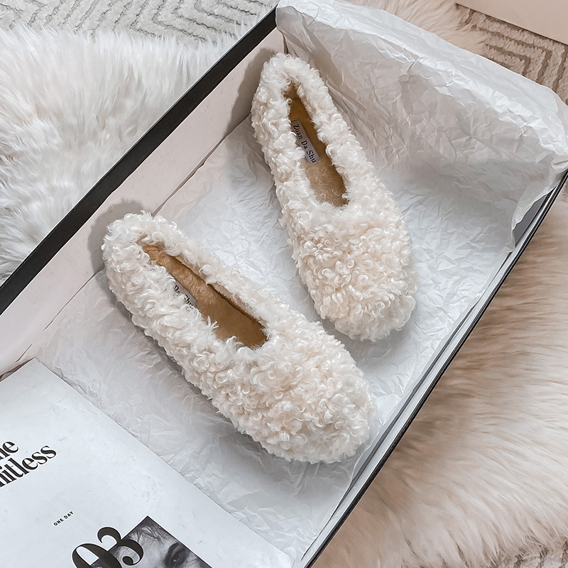 8e2ec 2023 Winter Fur Flat shoes woman round toe warr plush cotton moccasins female lambwool flats slip on furry loafers big size 42