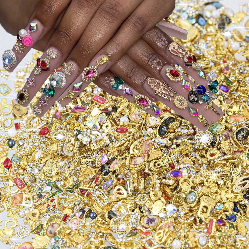 50 pieces of luxurious alloy nail charm gold/silver random mixed nail art decoration sparkling crystal gemstone rhinestone alloy nail charm W240829