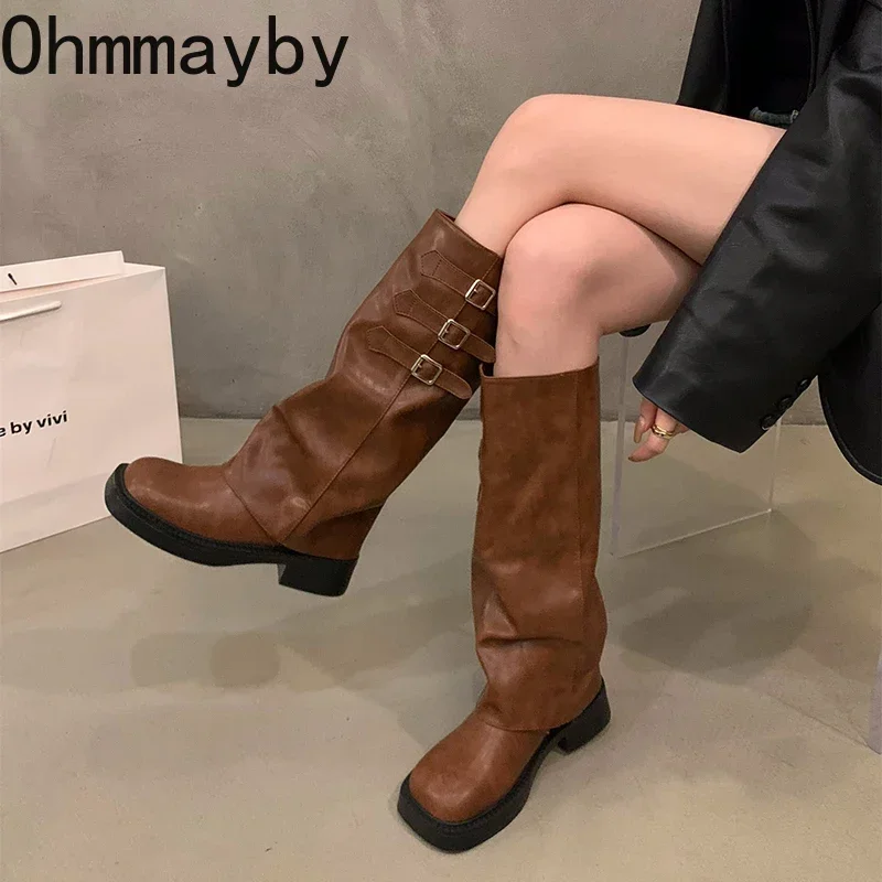 Winter 2024 Cowboy For Women Fashion Belt Buckle Long Boots Female Elegant Square Heel Women's Knight Bootties ef27 's