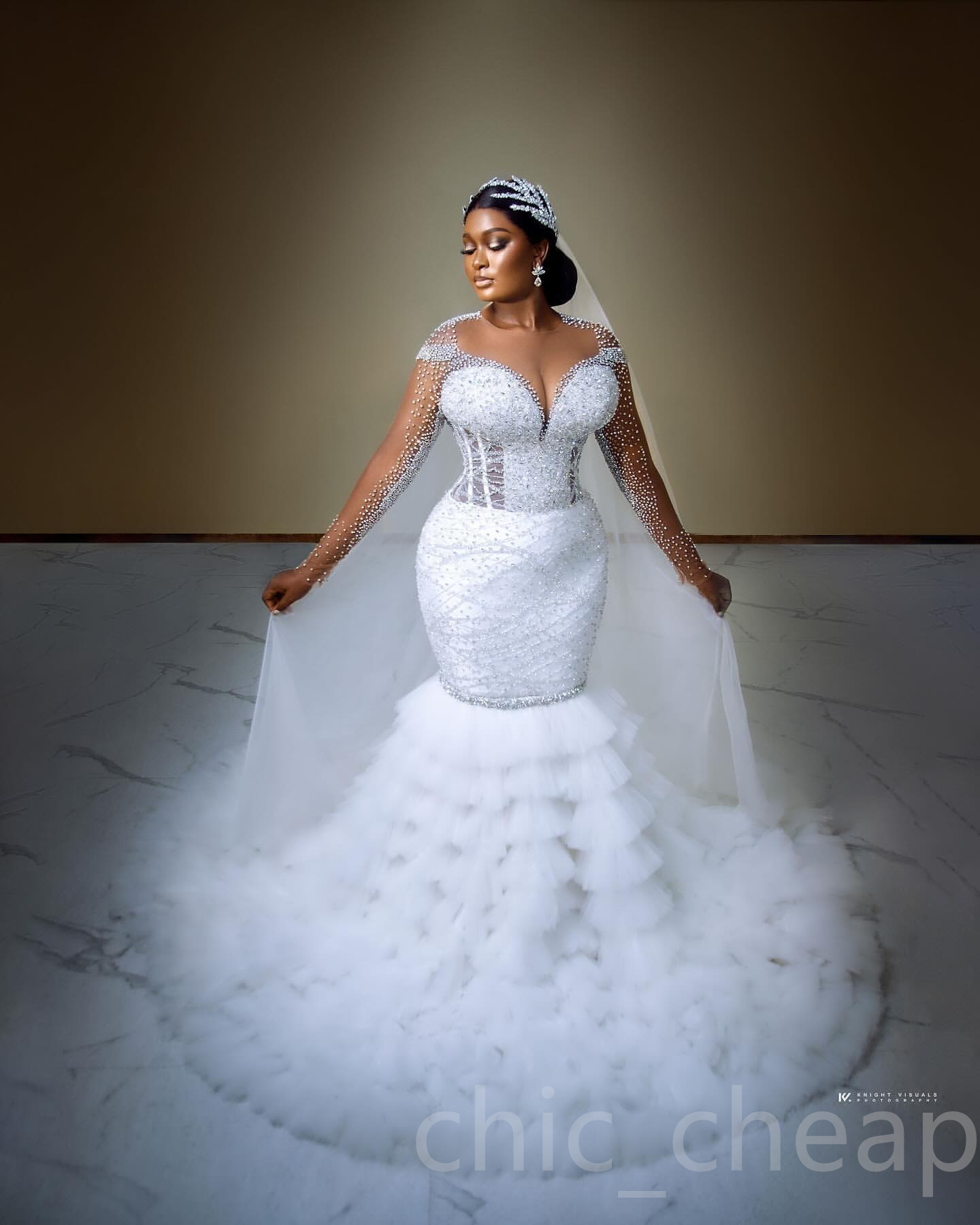 2024 Arabic Aso Ebi Plus Size Ivory Mermaid Wedding Dresses Beaded Sheer Neck Beaded Detachable Train Bridal Gowns Dress vestidos de novia ZJ515