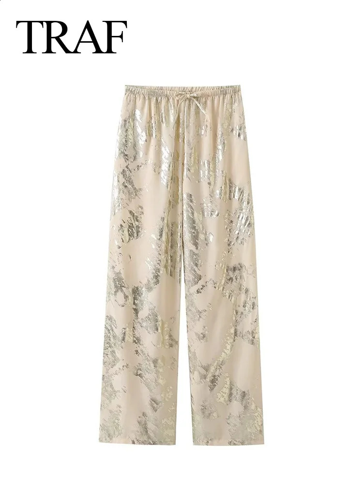 TRAF Womens Y2K Fashion Pants Baggy Metal Printed Pants Tied Straight Female Spring Autumn Causal Trousers Streetwear 240829