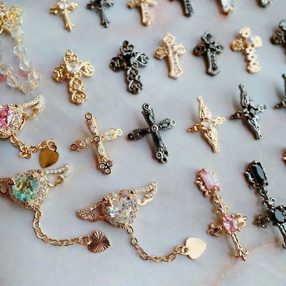 10 pieces/batch Dark Cross Heart shaped Nail Art Parts Zircon Crystal Handmade Nails Accesorios Supplies Decorative Charm W240829