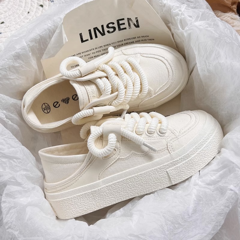 2025 New Arrival Women's Versatile Chunky Platform Sneakers - Korean-Inspired White Canvas Shoes for Casual/Sporty Wear | 2-Way Convertible Desig