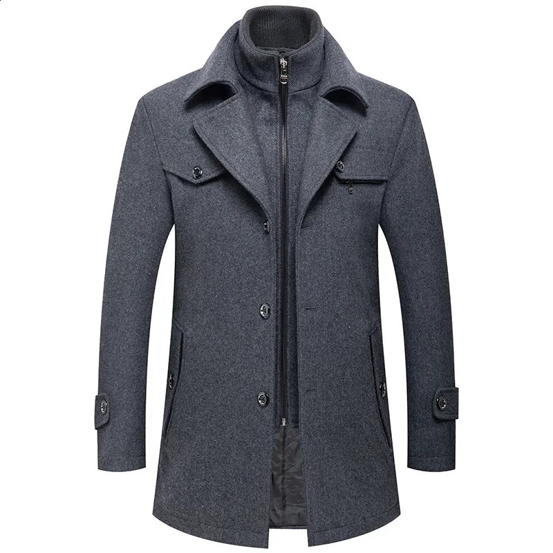 Winter mens slim fit wool trench coat fashion mid length coat mens double neck zipper solid color casual wool coat 240829