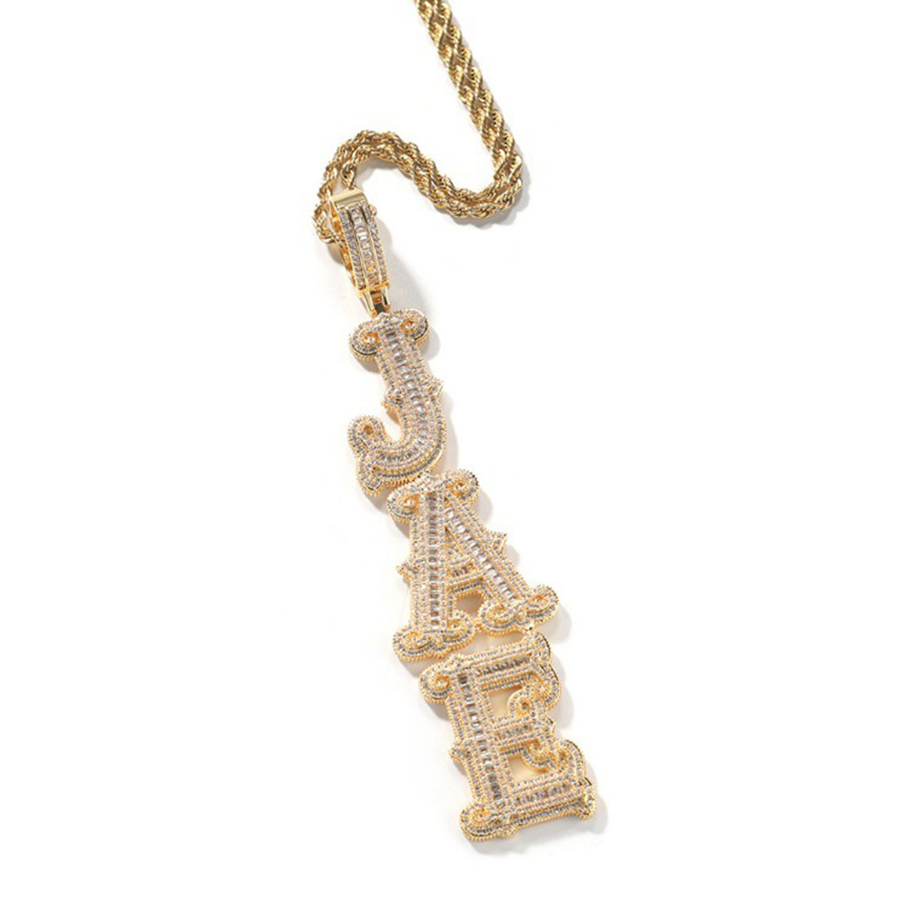 Hip Hop Custom Vertical Name Letters A-Z Numbers 0-9 Pendant Necklace 5A Zircons Real Gold Plated Jewelry