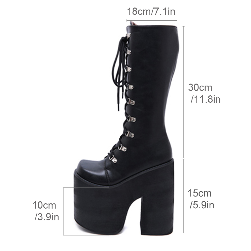 Gdgydh Women's Y2k Side Zipper Platform Knee High Motorcycle Black Closed Toe Lace Up Long Boots