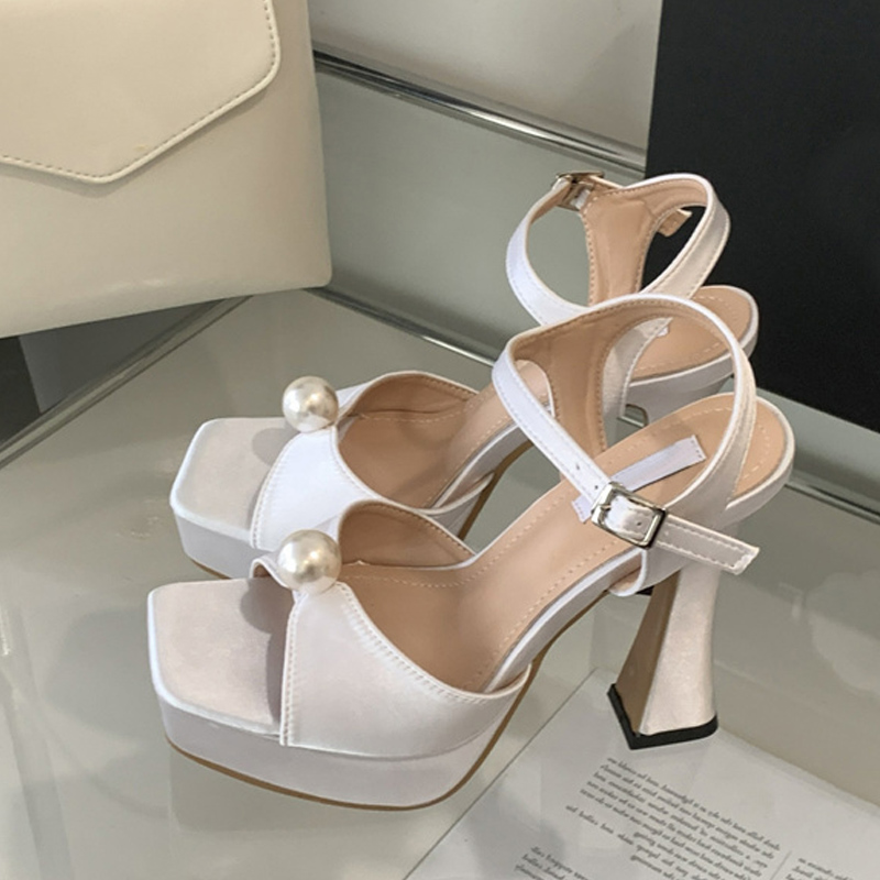 Liyke Brand Fashion White Pink Chunky Platform Sandals Women Pearl Design Square Toe Super High Heels Elegant Party Prom Shoes