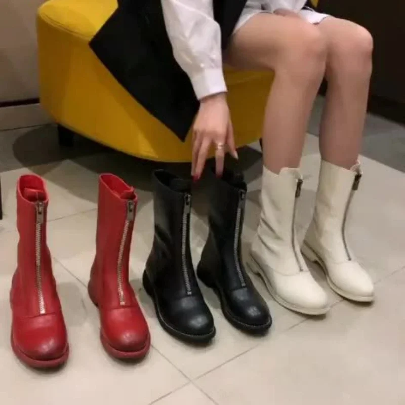 Retro Female Front Zipper Women's Chelsea Short Boots Fashion Leather Fur Winter Boot British Style Ankle Boots For Women 2024