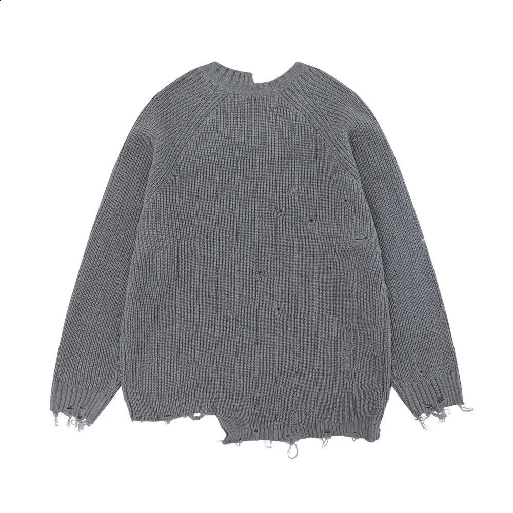 Letter Embroidery Retro Lazy Style Knitted Sweater Y2K Fashion Mens High Street Tear Hole O-Neck Puller 240829