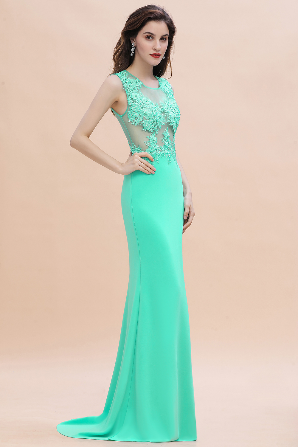 Sexy Sheer Back Hunter Mermaid Evening Dresses Illusion Women Elegant Jewel Neck 3D-Ral Appliques With Beads Sleevless Long Prom Party Gowns cps1811
