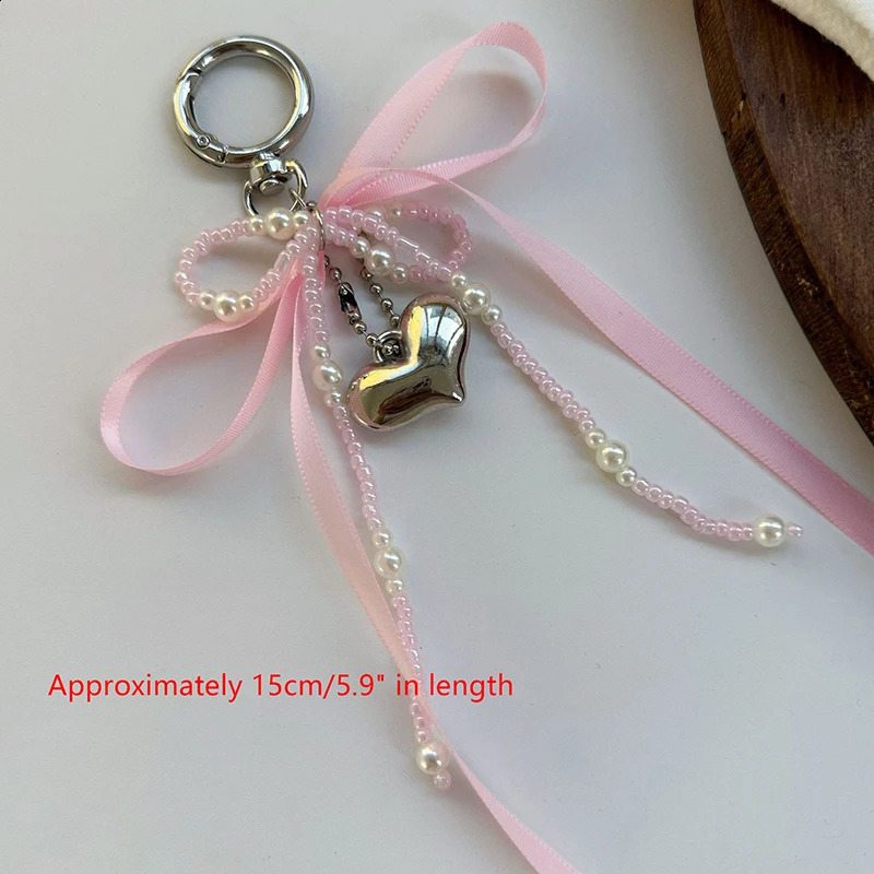Pearl Bow Key Ring Ribbon Beaded Keychain Korean Style Hanging Accessories Y2k Heart Bag Pendant Decor y241226