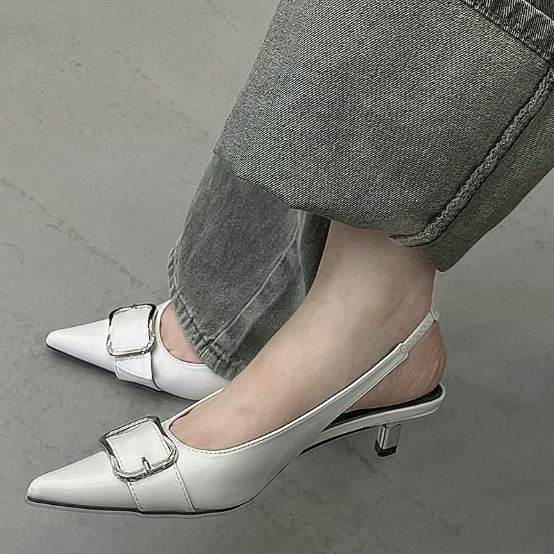Fashion New Metal Sier Women In With Low Heel Slides Pointed Toe Ladies Heels Shoes Buckle Female Sgbac Sandals New 1164 s