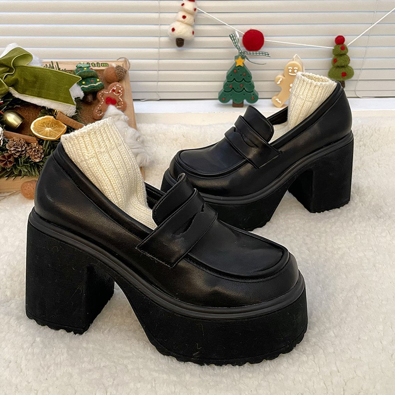 Gothic Chunky High Heels Pumps for Women 2024 Spring Patent Leather Platform Loafers Woman Black Thick Heeled Jk Lolita Shoes