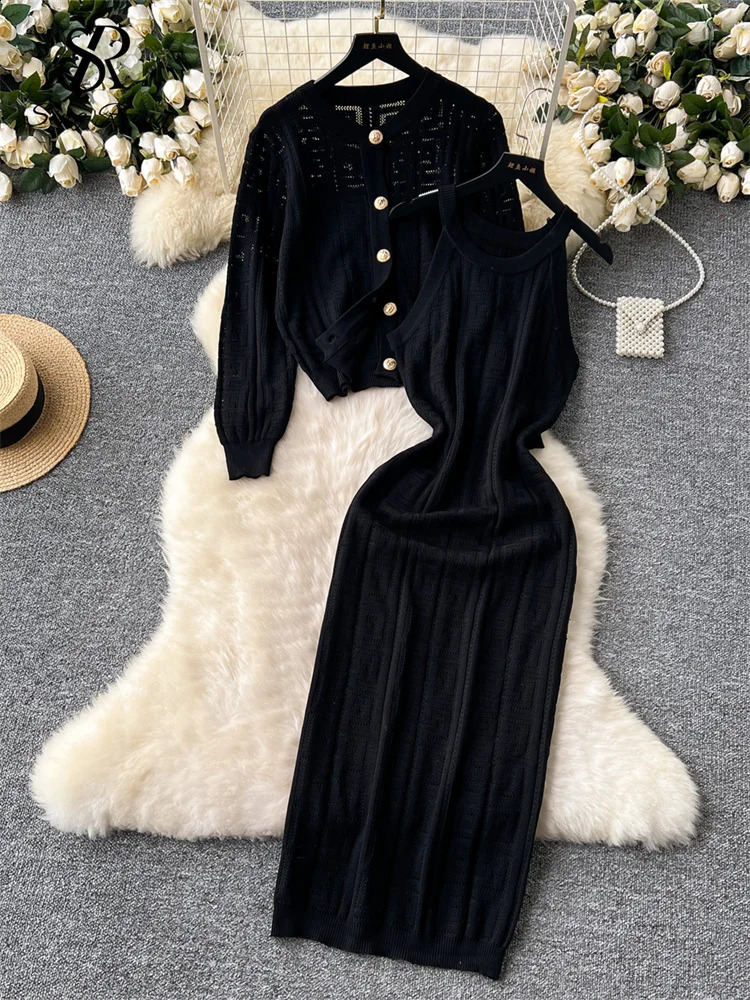 SINGREINY Autumn Winter Wear 2PC Suits Full Sleeve Knitted CardiganSenior Spaghetti Strap Bodycon Dress Women Sweater Sets 240829