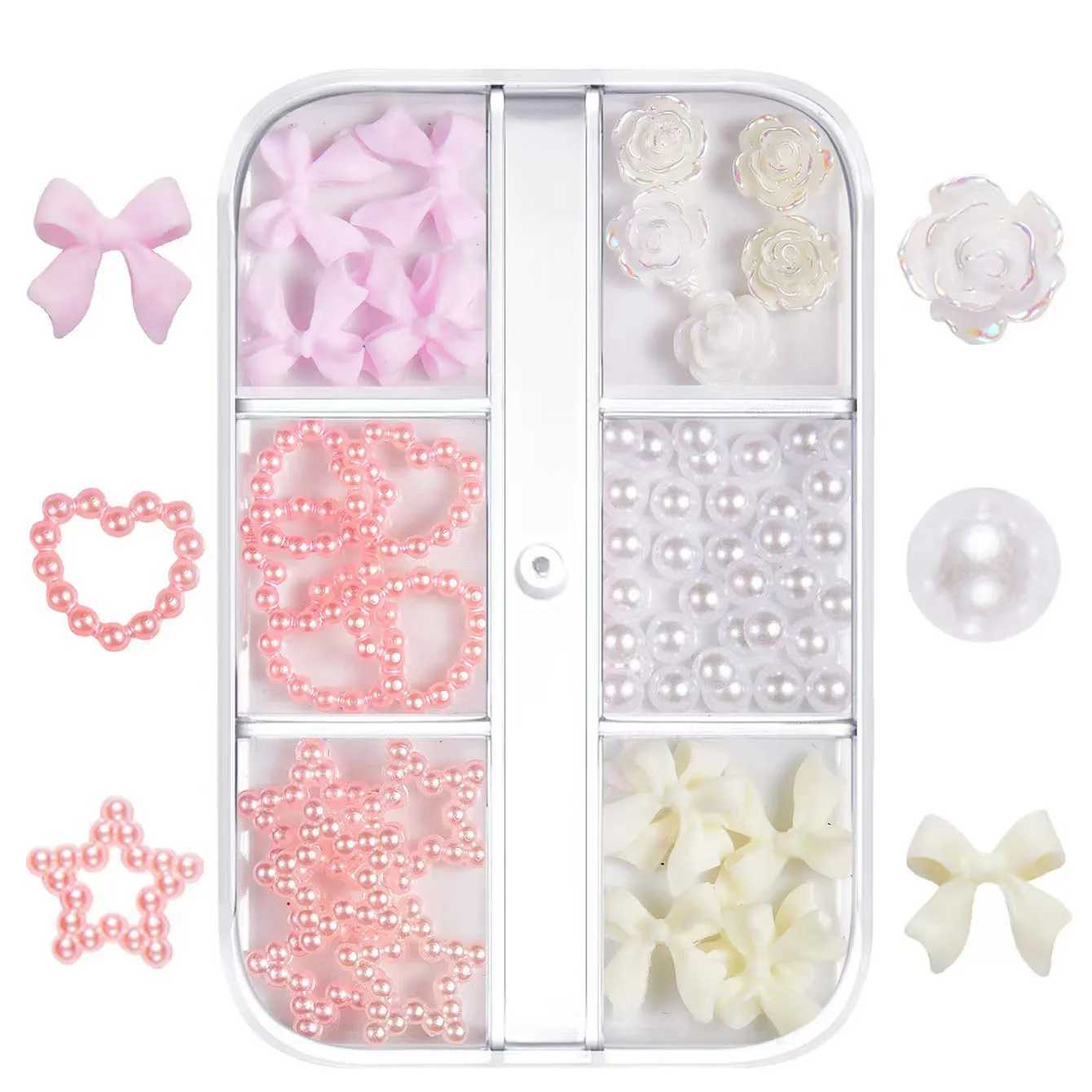 1 box of Kawaii resin bow 3D cute nail art decoration mixed with pink and white pearl heart nail charm design DIY bow nail W240829