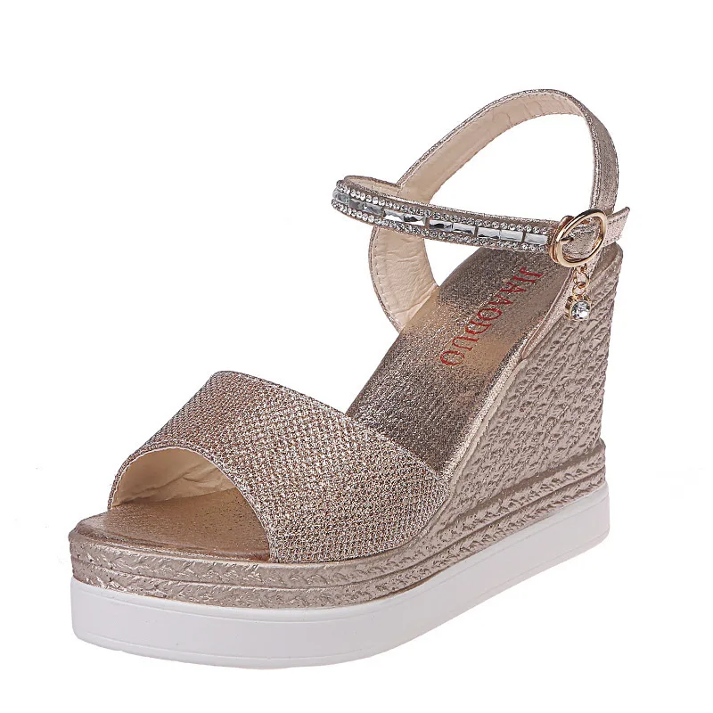 Women's Sandals 10cm Rhine-drill Buckle Thick Soled High Heels Ladies Casual Shoes Female Wedge Heel Fish Mouth Beach Sandals