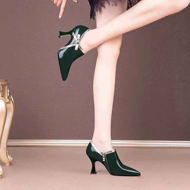 NEW 2022 Fashion Spring Women Pumps Quality High Heels Pointed Toe Bowtie Side Zip Female Footware New Black Green Shoes 0F48