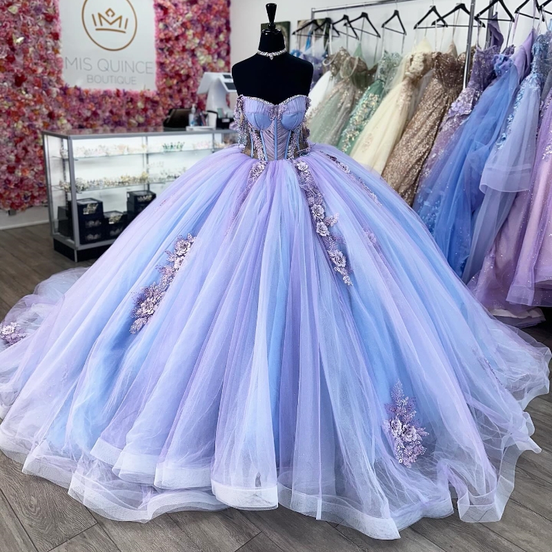 Luxury Lilac Mexican Quinceanera Dresses Off The Shoulder Applique Lace Beads Tull vestido 15 De Corset Party Birthday Lace Up Sweet 16