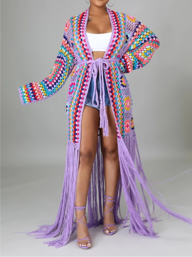 Womens Cardigan Handmade Crochet Beach Cover Up Coat Loose And Irregular Tassel Shirt Tie Mixed Color Pure Hand Hook Jackets 2924