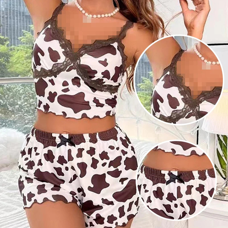 womens printed sleeveless V-neck camouflage lace spaghetti strap top with shorts pajama set 240829