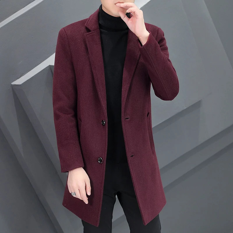 Solid color autumn and winter medium long wool coat casual mens long wool jacket business jacket top coat jacket windproof jacket 240829