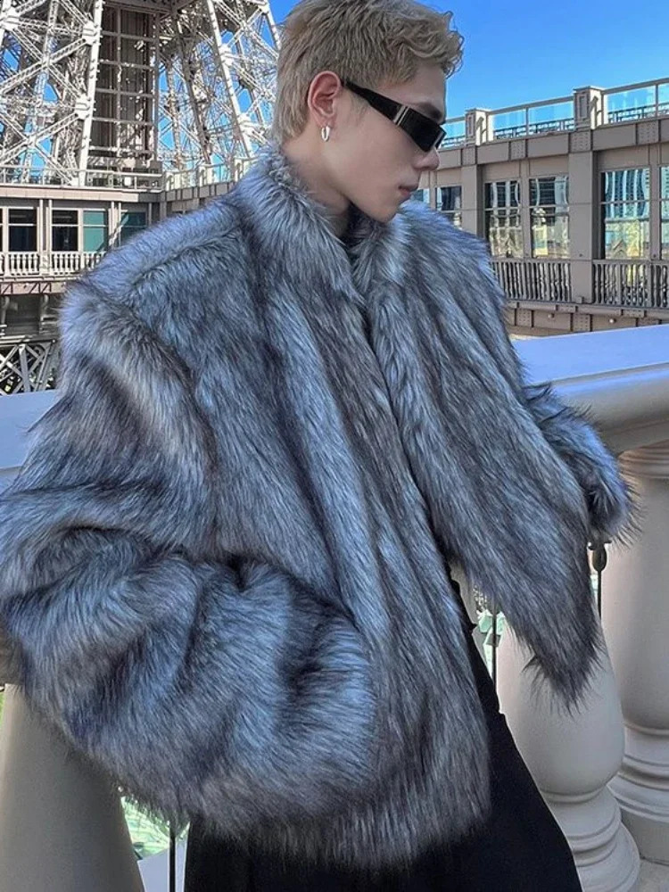 Korean fashion fox hair mens jacket street silver fox fur short thick casual winter street clothing warm faux fur coat 240912