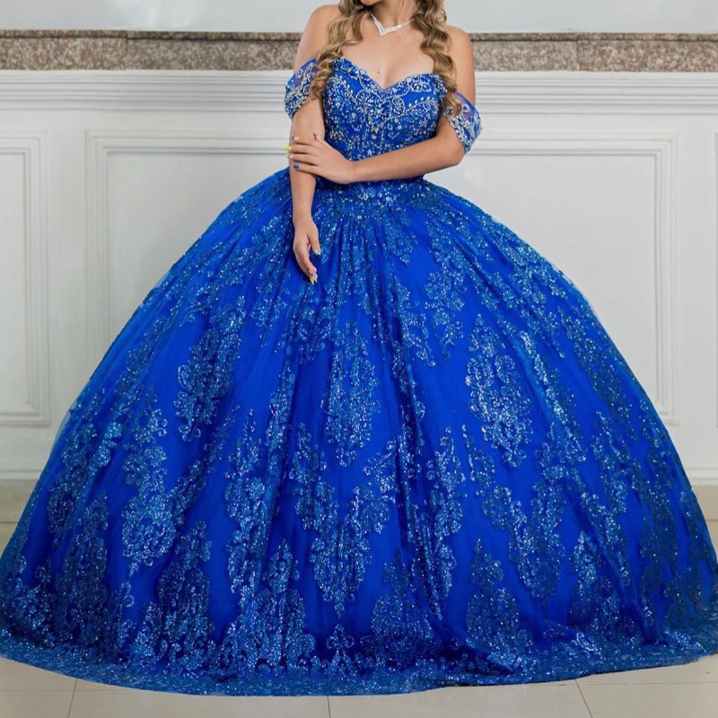 Royal Blue Shiny Quinceanera Dress Off The Shoulder Princess Sequin Applique Beads Crystal Tull Sweet 16 Birthday Party Gown Vestido De 15 Anos