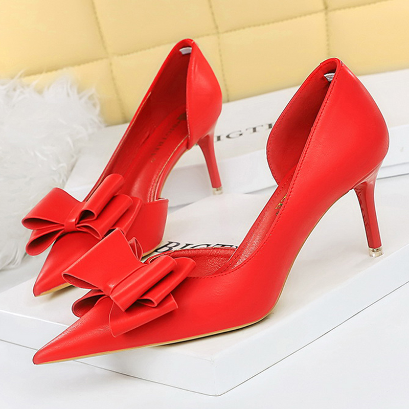 Pu Leather Kitten Heels Bowknot Stiletto Heels, Sexy Wedding Shoes for Women, 7.5 Cm High-heeled Pumps 4 , mps