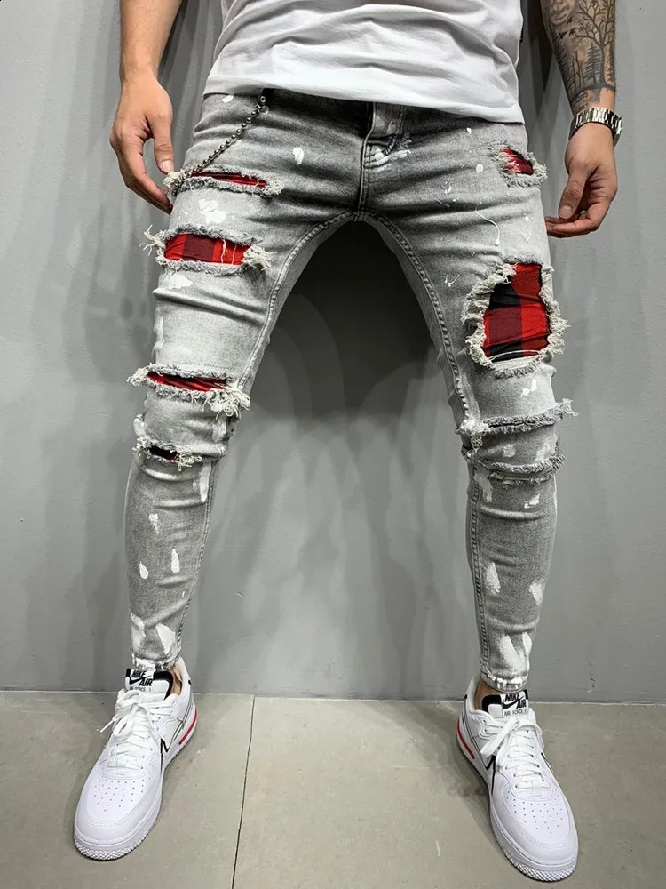 Mens Skinny Ripped Jeans Fashion Grid Beggar Patches Slim Fit Stretch Casual Denim Pencil Pants Painting Jogging Trousers Men 240826Z