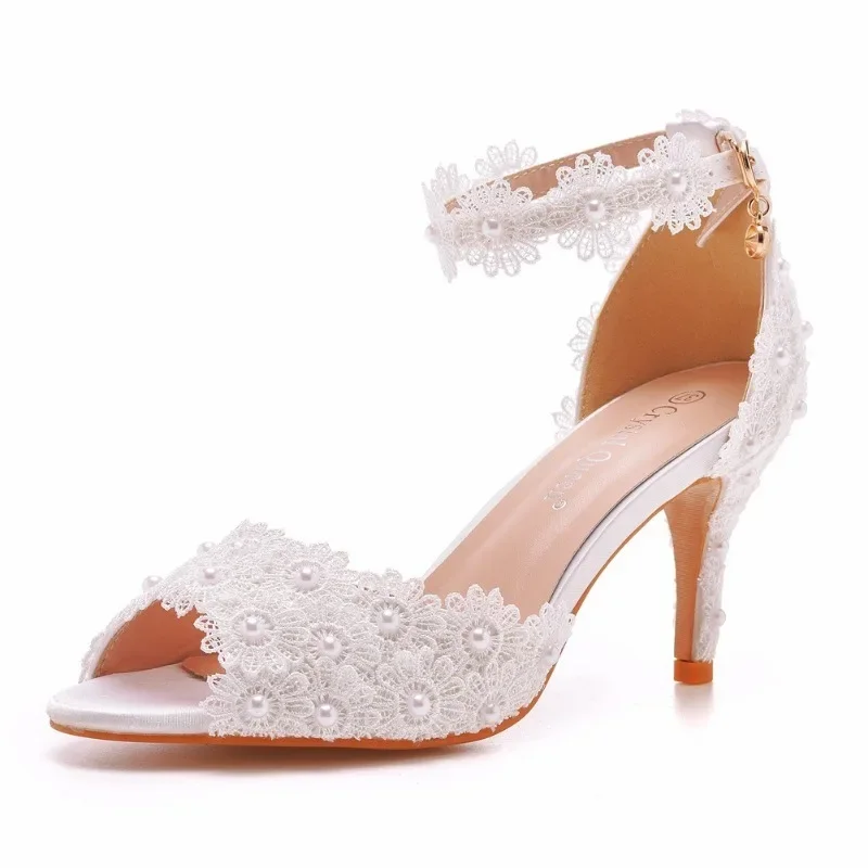 Sandals Women Height Increasing Pearl Lace wer New Decoration 7CM Thin Heels Buckle Strap Wedding Women's Shoe White Korean Style e6fc 's