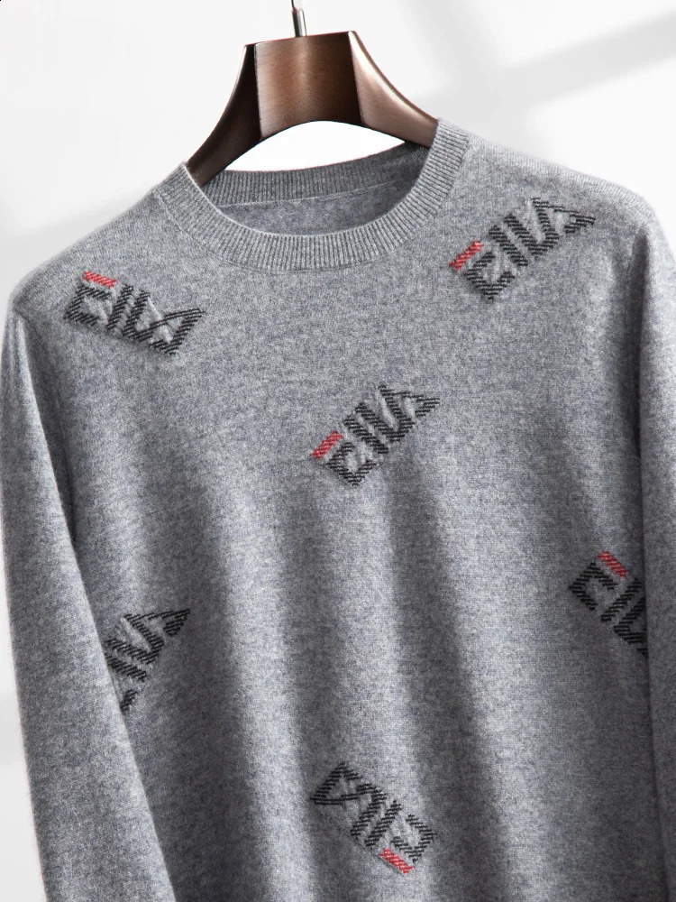 ANGEL Mens O-neck Shirt 100% Cashmere Knitted Lanhua Letter Jacquard Sweater Autumn/Winter Casual Long Sleeve Clothing 240829