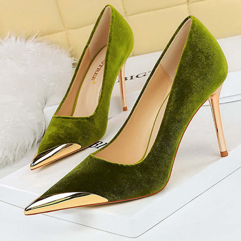 BIGTREE Women's Metal Pointed High Heels Fashion Stilettos Banquet Ladies Pumps Sexy Party Shoes Suede