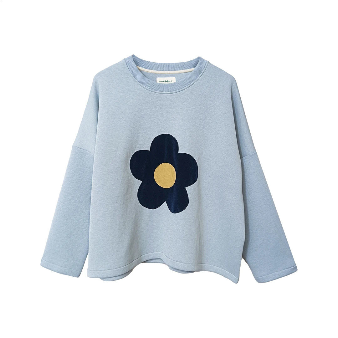 Imakokoni Original n Round Neck Pullover Long Sleeve Blue Flower Printed Top for Women 234425 240827