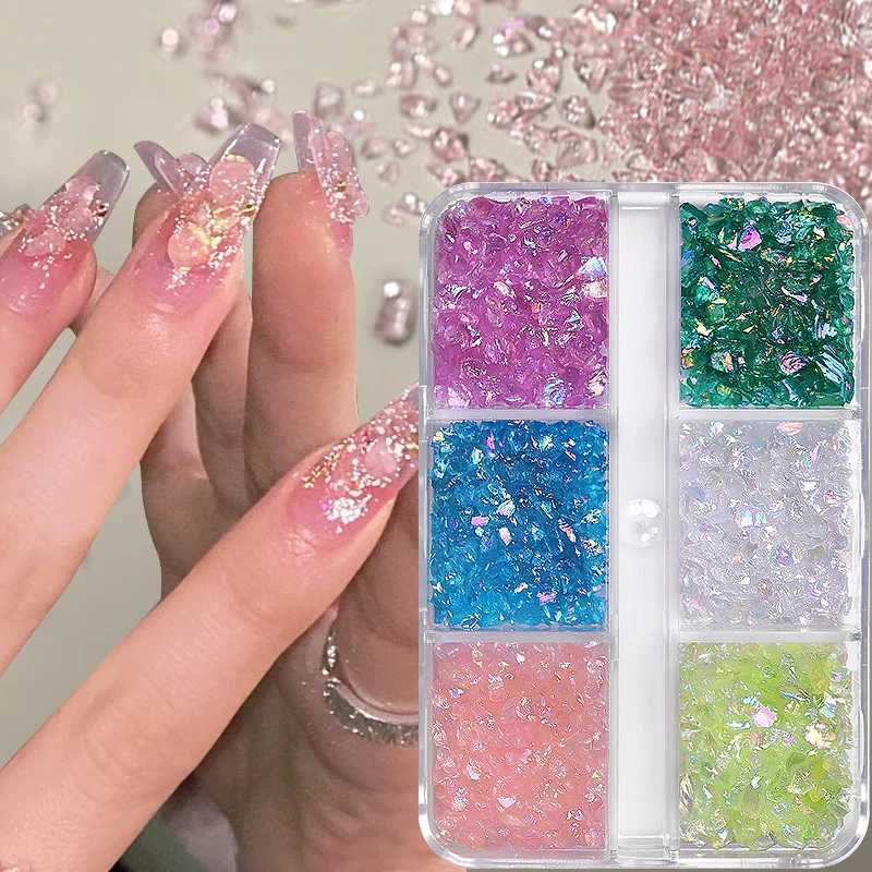 6 grid irregular ice transparent nail rhinestone sparkling white pink sparkling nail crystal nail art DIY decorative accessories W240829
