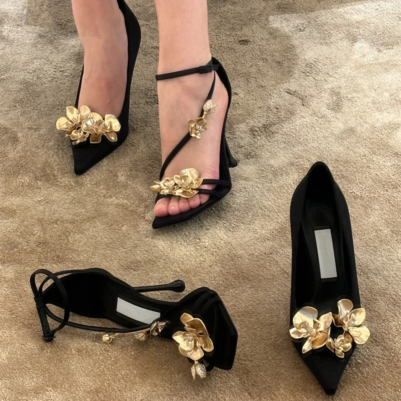 Black 2024 Silk Design Heels Gold New Metallic wer Decoration Women Pumps Sexy Pointed Toe Fine High Heel Party Dress Shoes efb9