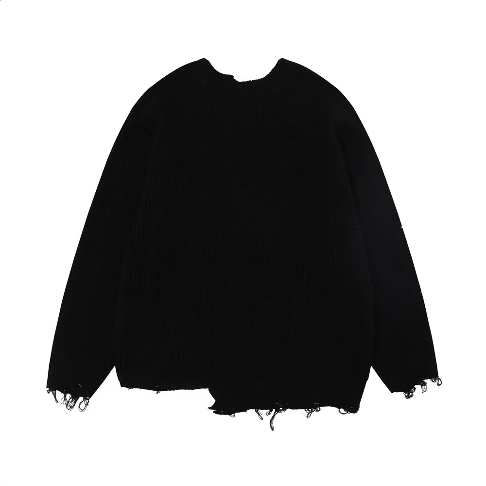 Letter Embroidery Retro Lazy Style Knitted Sweater Y2K Fashion Mens High Street Tear Hole O-Neck Puller 240829