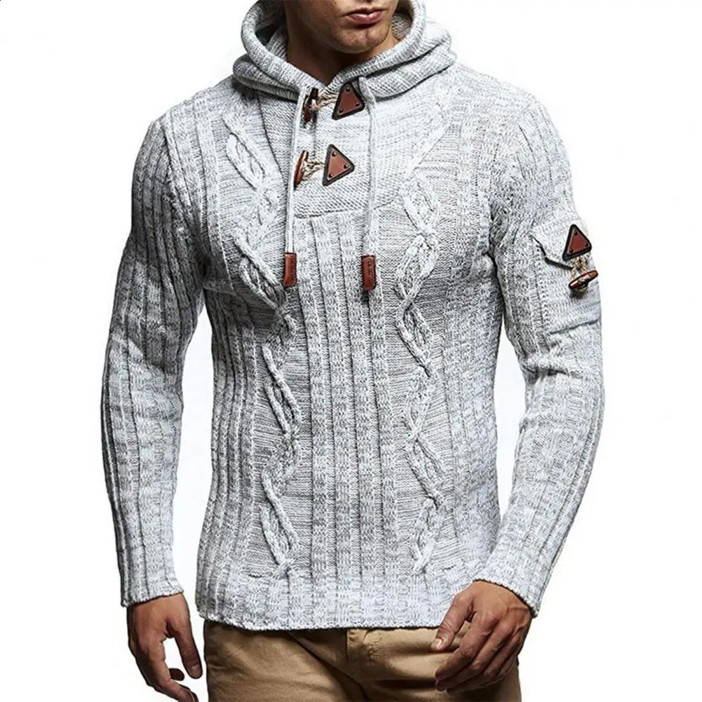 Mens hooded pullover sweater long sleeved acrylic fiber comfortable elastic sweater autumn slim fit knitted mens top 240829