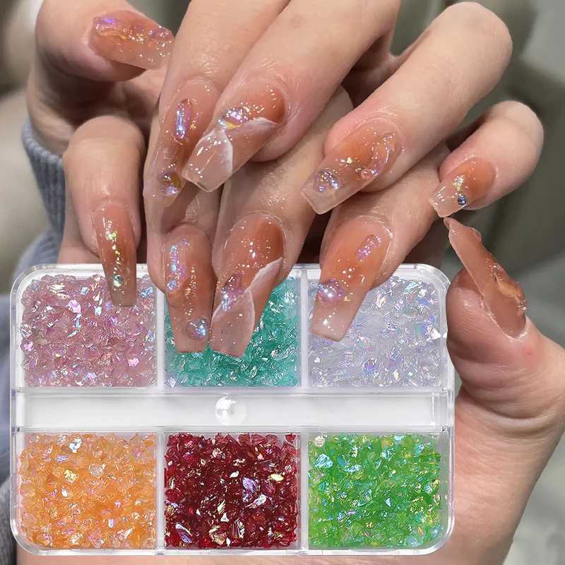 6 grid irregular ice transparent nail rhinestone sparkling white pink sparkling nail crystal nail art DIY decorative accessories W240829