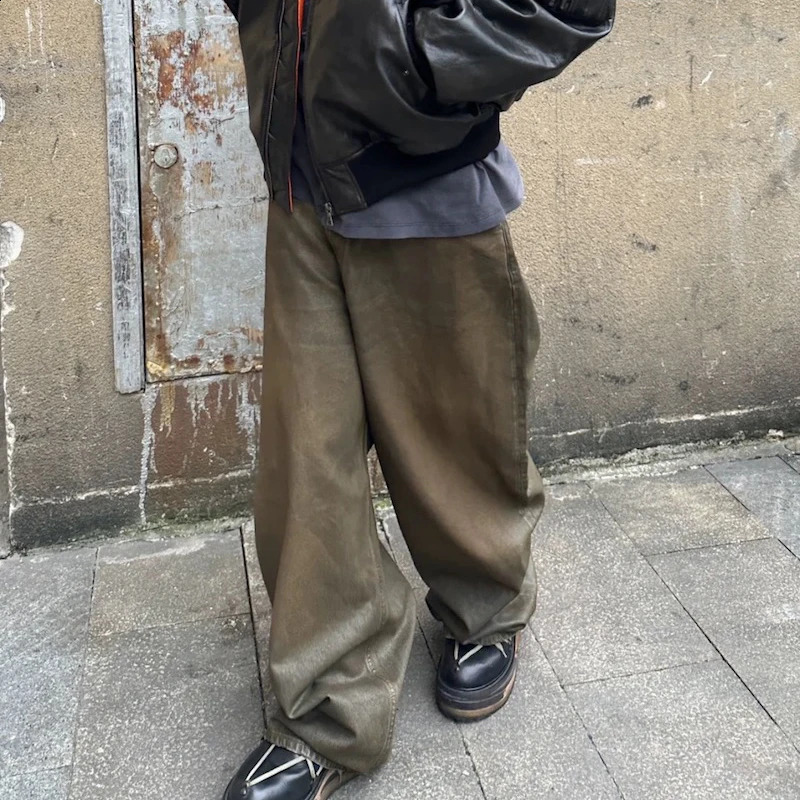 Oil Wax Coating Distressed Silhouette Jeans for Men and Women Washed Streetwear Baggy Denim Trousers Oversized Ropa Hombre Cargo 240826Z