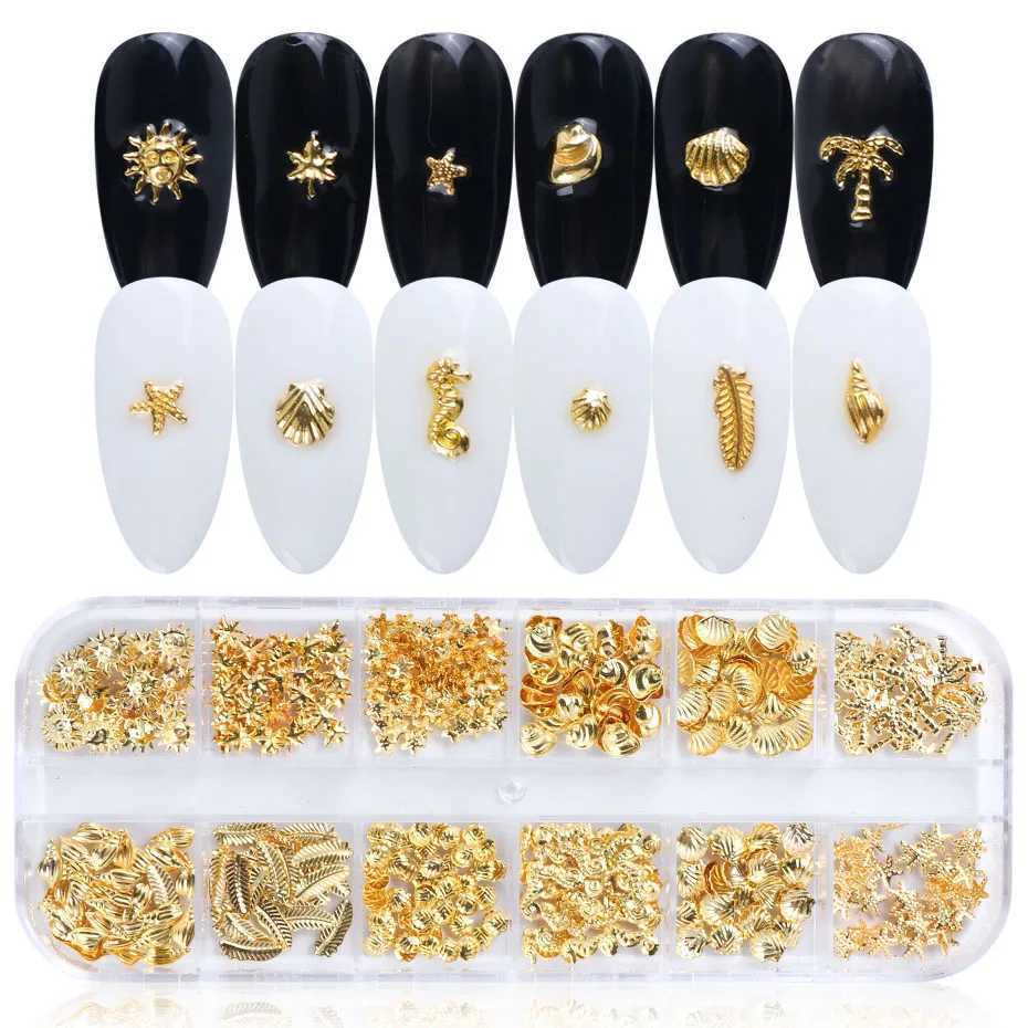 Golden Nail Art Alloy Stud Seaside 3D Decoration Shell Star Feather Charm Metal Frame Rivet Shining Accessories BE25-2 W240829
