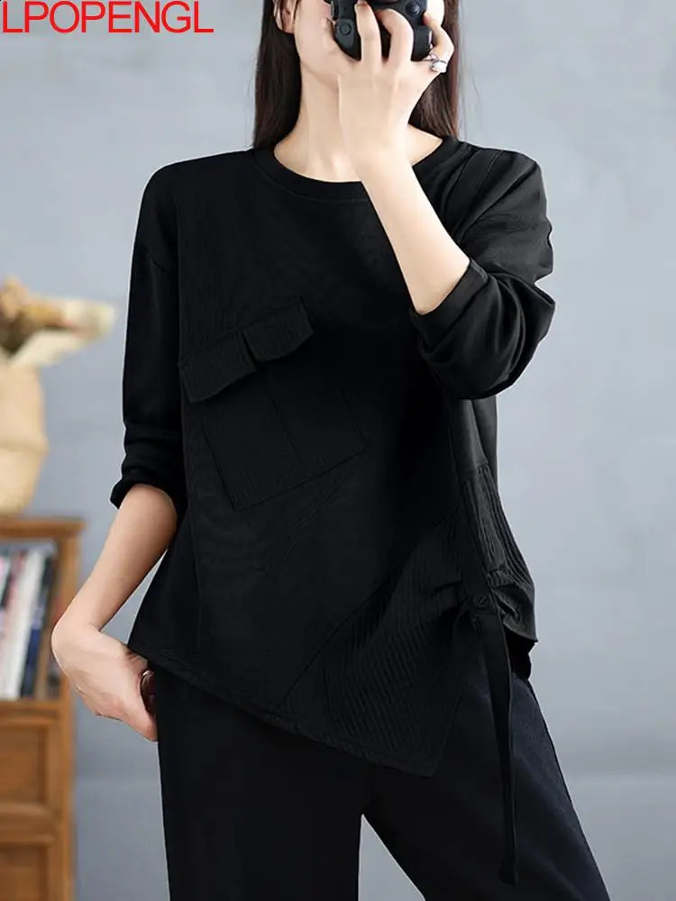 Fashionable womens Korean solid color irregular long sleeved sportswear Tshirt autumn edition loose zipper Oneck retro top 240827