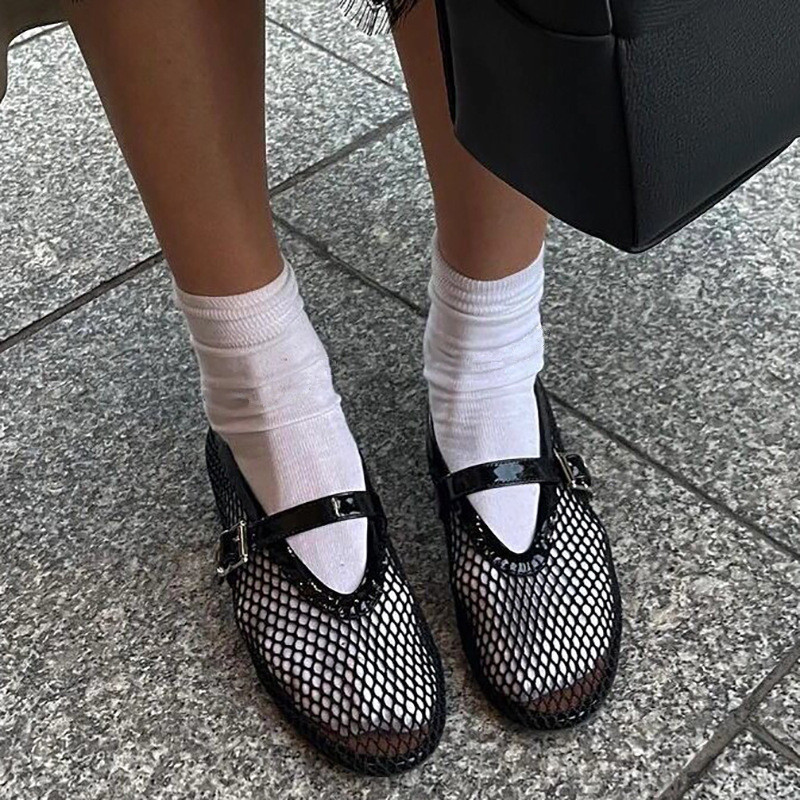 2024 New Gold Women Flats Ballet Dance Shoes Hollow Out Mesh Walking Loafers Ladies Mary Janes Strap Espadrilles Summer Sandals